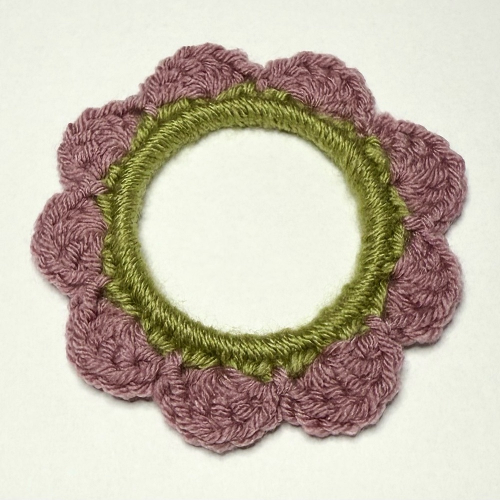 Handmade Crochet Floral Bangle Bracelet Sage Green and Rose Pink Upcycle Jewelry